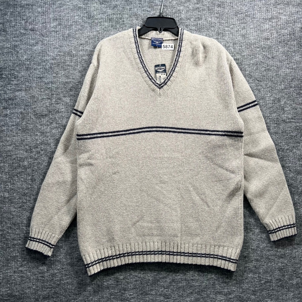 Steve & Barrys Mens V-Neck Sweater Large Oatmeal Navy Blue Striped NWT